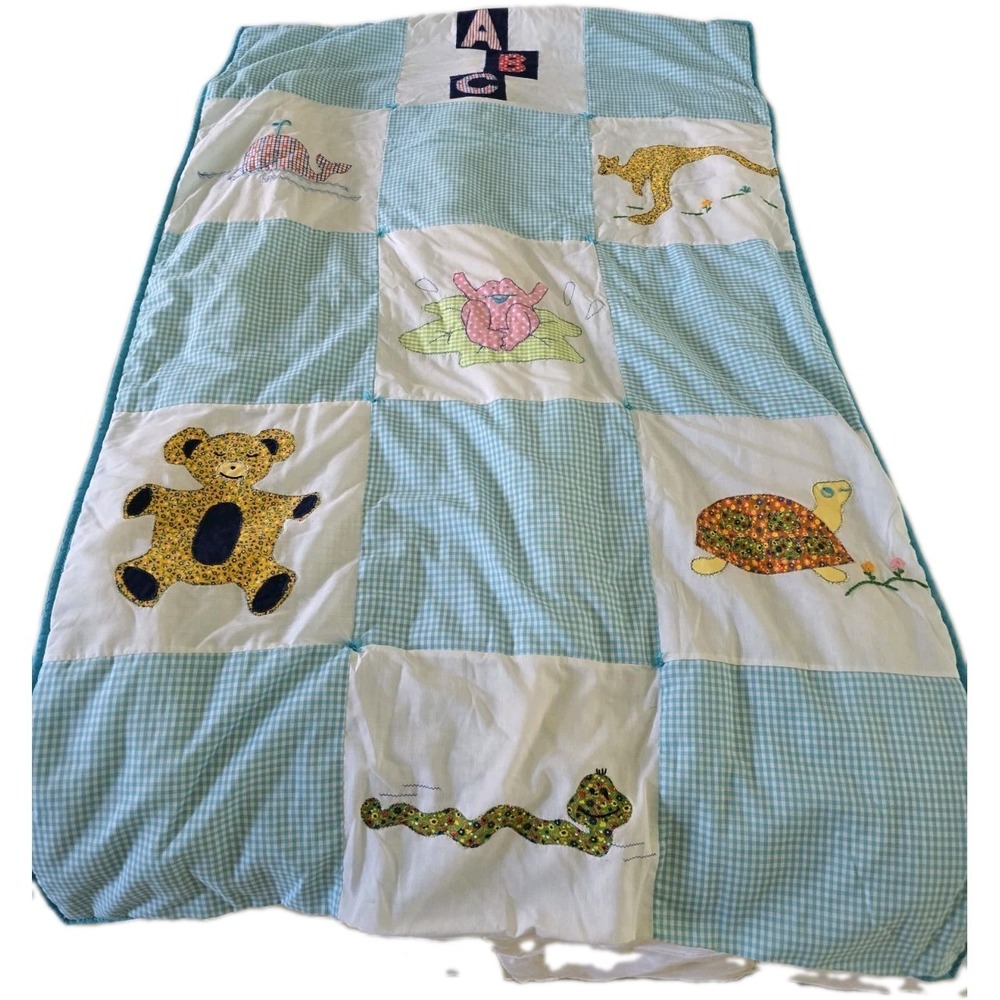 Vintage Handmade Baby Quilt ABC Animal Applique Gingham Nursery Crib Lap Blanket